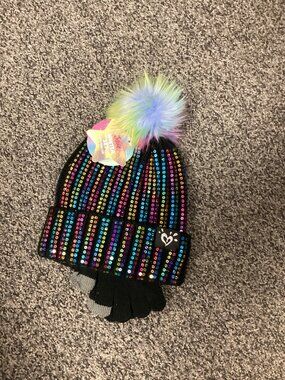 Justice Girls Winter Hat & Gloves Set Rainbow Sequins Faux Fur Pom Black Youth S